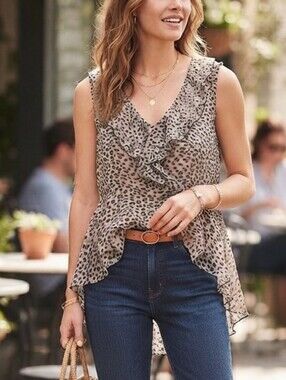 CAbi Leopard Print Ruffle Sleeveless Blouse Top Medium